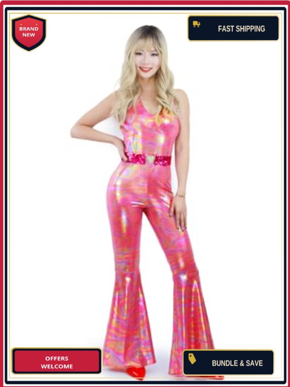 Disco Jumpsuit 70s 80s Retro Halloween Cosplay Costume Women Sleeveless Flare